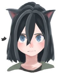 Rule 34 | 1girl, animal ears, banana takemura, black hair, blue eyes, cat ears, commentary request, green shirt, highres, looking at viewer, original, shirt, solo, upper body, white background