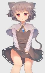 Rule 34 | 1girl, animal ears, blurry, capelet, chestnut mouth, grey hair, highres, jewelry, long sleeves, looking at viewer, mouse ears, mouse tail, nazrin, necklace, open mouth, red eyes, shirt, shone, short hair, simple background, skirt, skirt set, solo, tail, touhou, upskirt, vest