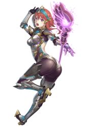 Rule 34 | 1girl, armor, armored boots, ass, backless outfit, boots, breastplate, bright pupils, floating, floating object, full body, greaves, headdress, high heels, highres, hime king and the last knights, ios, long hair, looking at viewer, magic, open mouth, pauldrons, purple eyes, red hair, shoulder armor, solo, staff, transparent background, twisted torso