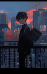 Rule 34 | 1boy, absurdres, bag, billboard, black eyes, black hair, black jacket, blue sky, building, buttons, chainsaw man, city, cityscape, crane (machine), ear piercing, evening, feet out of frame, from side, gakuran, hair between eyes, hand in pocket, high collar, highres, jacket, letterboxed, looking at viewer, male focus, mirandarin, mole, mole under mouth, orange clouds, outdoors, parted lips, piercing, railing, scenery, school bag, school uniform, short hair, sky, smile, solo, standing, yoshida hirofumi