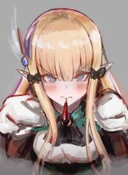 Rule 34 | angry, blonde hair, blue eyes, elf, grey background, hemachi, mouth hold, pointy ears, princess connect!, saren (princess connect!), solo