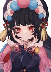 Rule 34 | 1girl, black hair, blunt bangs, capelet, commentary request, eyeshadow, genshin impact, hands up, hat, highres, long sleeves, looking at viewer, makeup, pink capelet, pink eyes, satou (satopurin33), smile, solo, upper body, yun jin (genshin impact)