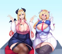 Rule 34 | 2girls, absurdres, aki rosenthal, black thighhighs, blonde hair, blue eyes, blush, breasts, clothes, double v, highres, hololive, horns, huge breasts, long hair, looking at viewer, multiple girls, sitting, smile, sunnysundown, thighhighs, twintails, v, virtual youtuber, yuzuki choco