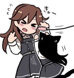 Rule 34 | &gt; &lt;, 2girls, :o, animal ears, arashio (kancolle), asashio (kancolle), black hair, blush, brown hair, cat ears, cat tail, dress, from behind, kantai collection, long hair, long sleeves, lowres, multiple girls, pinafore dress, simple background, sleeveless, sleeveless dress, tail, terrajin, white background