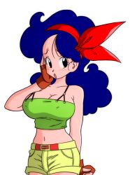 Rule 34 | 1girl, :o, arm at side, bare shoulders, black eyes, blue hair, blush, breasts, cleavage, dragon ball, dragon ball (classic), female focus, fingerless gloves, gloves, green tank top, hair ribbon, hand on own cheek, hand on own face, large breasts, legs, light blush, long hair, looking at viewer, lunch (dragon ball), midriff, navel, open mouth, red ribbon, ribbon, short shorts, shorts, simple background, sleeveless, solo, tank top, thighs, transparent background, yamamoto doujin, yellow shorts