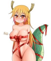 Rule 34 | 1girl, absurdres, arms behind back, blonde hair, blush, bound, bow, breasts, dragon girl, dragon tail, english text, eyes visible through hair, gradient hair, highres, horns, kobayashi-san chi no maidragon, large breasts, maid headdress, messy hair, multicolored hair, naked ribbon, nude, red eyes, ribbon, ribbon bondage, simple background, slit pupils, smile, solo, standing, tail, the only shoe, tohru (maidragon), white background