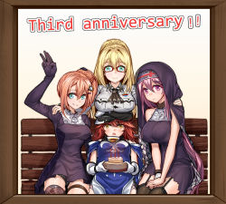 Rule 34 | 4girls, absurdres, anniversary, bare shoulders, bearn (warship girls r), bench, black legwear, black panties, blonde hair, blue eyes, braid, breast rest, breasts, breasts on head, cake, closed mouth, collar, cross, dress, emden (warship girls r), exeter (warship girls r), food, garter straps, glasses, graphite (medium), green eyes, grin, habit, hair between eyes, hair ornament, hand on another&#039;s shoulder, hat, highres, large breasts, long hair, looking at viewer, medium breasts, military, military uniform, multiple girls, onceskylark, open mouth, orange hair, panties, pantyshot, polka dot, polka dot panties, ponytail, purple eyes, purple hair, red-framed eyewear, red hair, short dress, side ponytail, single thighhigh, sitting, smile, sweatdrop, thigh strap, thighhighs, traditional media, triangle mouth, underwear, uniform, union jack, v arms, very long hair, warship girls r, yellow eyes, york (warship girls r)