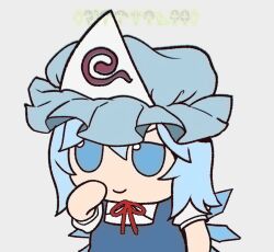 Rule 34 | 1girl, azumanga daiou, blue dress, blue eyes, blue hair, blue hat, borrowed accessory, chibi, chibi inset, cirno, closed mouth, commentary, dress, english commentary, fairy wings, fumo (doll), grey background, hand to own mouth, hand up, hat, ice, ice wings, looking at viewer, mob cap, neck ribbon, red ribbon, ribbon, saigyouji yuyuko, short hair, simple background, skullchimes, smile, solo, touhou, triangular headpiece, upper body, wings