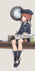 Rule 34 | 10s, 1girl, astg, bad id, bad pixiv id, black socks, blue socks, box, brown eyes, brown hair, buttons, cannon, clothes writing, dress, gun, hat, highres, kantai collection, kneehighs, long sleeves, neckerchief, peaked cap, porthole, rain, red eyes, red hair, sailor collar, sailor dress, sailor hat, short hair, sitting, socks, solo, uniform, watermark, weapon, web address, z3 max schultz (kancolle)