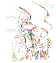 Rule 34 | 1girl, artist name, cardigan, closed mouth, collared shirt, colorful, commentary request, cup, hatching (texture), highres, holding, holding cup, hot drink, long sleeves, medium hair, mug, necktie, one eye covered, open cardigan, open clothes, original, pen (medium), shirt, short hair, signature, simple background, solo, steam, tears, traditional media, undone necktie, upper body, watanabe tomari, watermark, white background