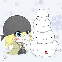 Rule 34 | 10s, 1boy, :3, bandana, blonde hair, blue eyes, blush stickers, chibi, coat, facial hair, final fantasy, final fantasy xiii, gloves, grin, jewelry, kneeling, necklace, smile, snow, snow villiers, snowflakes, stacking, stubble, trench coat