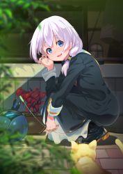 Rule 34 | 1girl, :d, animal, black dress, black footwear, blue eyes, blurry, blurry foreground, boots, brick floor, cat, cat teaser, character request, day, dress, from side, full body, hair over shoulder, hand up, highres, honkai (series), honkai impact 3rd, long hair, long sleeves, looking to the side, low ponytail, open mouth, outdoors, plant, potted plant, robot, silver hair, smile, solo, squatting, sunlight, suppa (hagakuresuppa), tareme, theresa apocalypse, theresa apocalypse (valkyrie pledge)