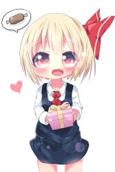 Rule 34 | 1girl, akisha, ascot, bad id, bad pixiv id, blonde hair, blush, boned meat, bow, box, fang, food, gift, gift box, hair bow, heart, highres, long sleeves, looking at viewer, meat, open mouth, pink eyes, rumia, shirt, simple background, skirt, skirt set, smile, solo, speech bubble, touhou, vest, white background