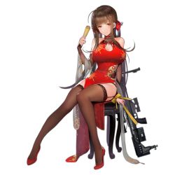 Rule 34 | 1girl, anti-materiel rifle, arm at side, arm support, black thighhighs, bolt-action rifle, bolt action, breasts, brown hair, brown thighhighs, bullpup, china dress, chinese clothes, cleavage, cleavage cutout, closed mouth, clothing cutout, detached sleeves, dress, dsr-50, dsr-50 (girls&#039; frontline), dsr-50 (red peony) (girls&#039; frontline), flats, flower, full body, garter belt, girls&#039; frontline, gun, hair flower, hair ornament, lace, lace-trimmed legwear, lace trim, large breasts, liduke, long hair, looking at viewer, official alternate costume, official art, pelvic curtain, red dress, red eyes, rifle, shoes, side slit, sidelocks, sitting, sleeveless, sleeveless dress, smile, sniper rifle, solo, thighhighs, transparent background, twintails, very long hair, weapon