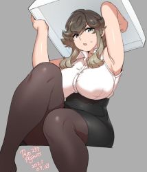 Rule 34 | 1girl, agawa ryou, armpits, arms up, artist name, black skirt, breasts, brown hair, brown pantyhose, collared shirt, commentary, dated, english commentary, feet out of frame, flipped hair, green eyes, grey background, high-waist skirt, holding, large breasts, long hair, looking at viewer, numbered, open mouth, original, pantyhose, pencil skirt, shirt, sidelocks, simple background, sitting, skirt, sleeveless, solo, sweatdrop, teeth, upper teeth only, white shirt