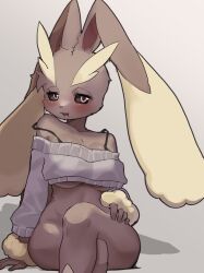 Rule 34 | 1girl, :3, animal nose, arm at side, bare shoulders, black sclera, blush, body fur, bottomless, breasts, brown fur, collarbone, colored sclera, creatures (company), cropped sweater, crossed legs, drooling, female focus, furry, furry female, game freak, gen 4 pokemon, grey background, grey sweater, half-closed eyes, hand on own thigh, happy, highres, large breasts, long ears, long sleeves, looking at viewer, lopunny, nintendo, open mouth, personification, pink eyes, pokemon, pokemon (creature), rabbit ears, rabbit girl, saliva, simple background, sitting, smile, solo, spaghetti strap, strap slip, sweater, teeth, tongue, tongue out, two-tone fur, underboob, wide hips, yellow fur, yuii (yuika9200)