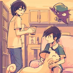 Rule 34 | 2boys, black hair, bookshelf, buttons, camper (pokemon), clothed pokemon, commentary request, couch, creatures (company), cupboard, faucet, game freak, gen 1 pokemon, glasses, green shirt, green shorts, haunter, holding, indoors, itome (funori1), male focus, multiple boys, nintendo, open mouth, pants, persian, pokemon, pokemon (creature), pokemon gsc, shirt, short hair, short sleeves, shorts, sitting, smile, standing, super nerd (pokemon), sweatdrop