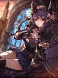 Rule 34 | 1girl, armor, bad id, bad pixiv id, black thighhighs, blue hair, blue skirt, blurry, blurry background, breasts, capelet, cleavage cutout, closed mouth, clothing cutout, depth of field, evening, gauntlets, gloves, horns, jname, large breasts, long hair, looking at viewer, original, pleated skirt, pointy ears, red eyes, sitting, skirt, smile, solo, sunset, thighhighs, twilight