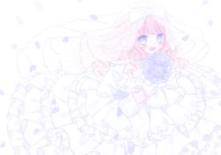 Rule 34 | 1girl, :d, blue eyes, blue flower, blue rose, blush, bouquet, bow, bridal veil, brown hair, commentary request, dress, flower, frilled dress, frills, hands up, himetsuki luna, holding, holding bouquet, layered dress, long hair, looking at viewer, open mouth, original, petals, pleated dress, rose, see-through, simple background, smile, solo, veil, very long hair, wedding dress, white background, white bow, white dress