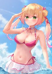 Rule 34 | 1girl, absurdres, alternate costume, arm up, bikini, bikini skirt, blonde hair, blue sky, blush, breasts, cleavage, cloud, commentary request, day, detached collar, double bun, expressionless, fue (lars0713), green eyes, hair between eyes, hair bun, hair ornament, hair ribbon, hand to forehead, highres, hololive, looking at viewer, lowleg, lowleg bikini, medium breasts, momosuzu nene, navel, ocean, outdoors, partial commentary, red bikini, ribbon, side-tie bikini bottom, skindentation, sky, solo, star (symbol), star hair ornament, swimsuit, two side up, virtual youtuber, wading