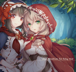 Rule 34 | 2girls, bad id, bad pixiv id, belt, black hair, bow, brooch, cape, character name, corset, expressionless, fingerless gloves, gloves, green eyes, hair bow, hair ribbon, hairband, interlocked fingers, jewelry, leaf, light brown hair, little red riding hood, little red riding hood (grimm), long hair, looking at viewer, multiple girls, red bow, red cape, red eyes, red hood, red ribbon, ribbon, smile, snow white, snow white and the seven dwarfs, takase kou, tress ribbon, upper body