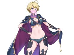 Rule 34 | 1girl, absurdres, ahoge, alternate costume, bay skecth, black bridal gauntlets, blonde hair, blue cape, blue eyes, blue nails, blue panties, breasts, bridal gauntlets, cape, commission, commissioner upload, cosplay, dark mage (fire emblem fates), fire emblem, fire emblem engage, fire emblem fates, high-waist sideboob, highres, looking at viewer, medium breasts, merrin (fire emblem), messy hair, mouth veil, nail polish, nintendo, non-web source, nyx (fire emblem), nyx (fire emblem) (cosplay), panties, revealing clothes, see-through, short hair, smile, solo, thighhighs, transparent background, underwear, veil