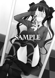 Rule 34 | 1girl, alternate costume, bad id, bad pixiv id, cellphone, checkered floor, contemporary, covering own eyes, feet, floor, greyscale, hat, himekaidou hatate, long hair, mirror, monochrome, necktie, no shoes, phone, reflection, school uniform, selfie, sitting, skirt, smile, solo, solo focus, suzume miku, thighhighs, tokin hat, touhou, twintails