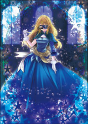 Rule 34 | 1girl, blonde hair, blue dress, blue eyes, capelet, domino mask, dot nose, dress, eden000, fur-trimmed gloves, fur trim, gloves, hand up, highres, jewelry, long hair, looking at viewer, mask, one eye closed, original, parted lips, solo, standing, star (symbol), white gloves, window