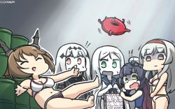 Rule 34 | 5girls, abyssal ship, aircraft carrier water oni, alternate costume, aqua eyes, bag, bikini, blank stare, blue one-piece swimsuit, breasts, closed eyes, colored skin, comic, commentary request, dated, drum (container), enemy lifebuoy (kancolle), hamu koutarou, height difference, highres, kantai collection, large breasts, long hair, matsuwa (kancolle), medium breasts, midriff, multiple girls, mutsu (kancolle), one-piece swimsuit, open mouth, parted bangs, red eyes, shaded face, shoukaku (kancolle), silent comic, slipping, swimsuit, ta-class battleship, very long hair, wavy mouth, white bikini, white hair, white skin