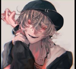 Rule 34 | 1boy, black hat, black jacket, bracelet, cigar, hair between eyes, hat, highres, jacket, jewelry, long sleeves, looking at viewer, male focus, medium hair, numata zombie, open mouth, original, red eyes, sidelocks, smile, solo, visor, white hair