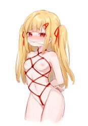 Rule 34 | 1girl, arms behind back, astralisup, bdsm, blonde hair, blush, bondage, bound, breasts, commentary request, completely nude, cropped legs, crotch rope, frown, groin, hair ribbon, letter hair ornament, linea alba, long hair, looking at viewer, miyayoki, navel, nervous smile, nipples, nose blush, nude, red eyes, red ribbon, red rope, ribbon, rope, shibari, simple background, sketch, small breasts, smile, solo, standing, tearing up, two side up, virtopia club, virtual youtuber, white background