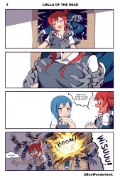 Rule 34 | 0 0, 2girls, 4koma, absurdres, blue eyes, blue hair, blush, box wonderland, grabbing another&#039;s breast, brown eyes, colored skin, comic, commentary, door, dot nose, english text, explosion, flying sweatdrops, full-face blush, grabbing, grey skin, grey vest, hair between eyes, hair bun, hand on own chin, highres, love live!, love live! superstar!!, multiple girls, one eye closed, open mouth, red hair, restrained, school uniform, screaming, shirt, short hair, short sleeves, single hair bun, smile, speech bubble, twitter username, upper body, vest, white background, white shirt, yuigaoka school uniform, zombie