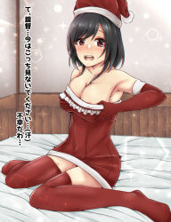 Rule 34 | 1girl, :o, aga marino, alternate costume, areola slip, armpits, bare shoulders, bed, bedroom, black hair, blush, breast hold, breasts, christmas, cleavage, collarbone, covered navel, dress, elbow gloves, embarrassed, female focus, frilled dress, frills, gloves, hair ornament, hair over shoulder, hat, highres, indoors, kantai collection, large breasts, legs, light particles, looking at viewer, on bed, open mouth, red dress, red eyes, red gloves, red hat, red thighhighs, round teeth, santa costume, santa hat, short dress, short hair, sidelocks, sitting, solo, sparkle, strapless, strapless dress, swept bangs, tears, teeth, thighhighs, translation request, tube dress, upper teeth only, wariza, yamashiro (kancolle)