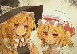 Rule 34 | 2girls, aby (tomatan), ascot, bad id, bad pixiv id, blonde hair, bow, braid, fang, flandre scarlet, gradient background, grin, hair bow, hat, hat ribbon, kirisame marisa, long hair, looking at viewer, mob cap, multiple girls, red eyes, ribbon, shimada sarasara, short sleeves, side ponytail, simple background, single braid, smile, touhou, upper body, v, vest, witch hat, yellow eyes