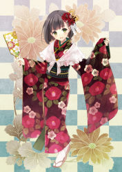 Rule 34 | 1girl, bad id, bad pixiv id, black hair, capelet, checkered background, fang, floral print, flower, fukahire (ruinon), furisode, green eyes, hagoita, hair flower, hair ornament, japanese clothes, kimono, new year, obi, open mouth, original, outstretched arms, paddle, sandals, sash, shawl, short hair, smile, socks, solo, split-toe footwear, standing, tabi, white socks