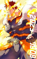 Rule 34 | 1boy, 2023, armor, arms at sides, bara, beard, beard stubble, belt, birthday, blue bodysuit, bodysuit, boku no hero academia, bulge, clenched hands, covered navel, embers, endeavor (boku no hero academia), facial hair, feet out of frame, fighting stance, fire, frown, highres, large pectorals, looking ahead, male focus, mature male, muscular, muscular male, pauldrons, pectorals, pyrokinesis, sakanagi (dc saka), scar, scar across eye, short hair, shoulder armor, sideburns, solo, spiked hair, stubble, thick eyebrows, thick thighs, thighs, two-tone bowtie
