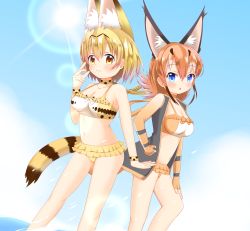 Rule 34 | 2girls, :3, animal ear fluff, animal ears, bare shoulders, bikini, bikini under clothes, black jacket, blonde hair, blue eyes, blue sky, blush, breasts, brown bikini, brown choker, brown eyes, brown gloves, brown hair, caracal (kemono friends), chestnut mouth, choker, cleavage, closed mouth, cloud, collarbone, commentary request, day, dutch angle, elbow gloves, fingerless gloves, frilled bikini, frills, gloves, hair between eyes, hand on own hip, highres, jacket, kemono friends, medium breasts, multicolored hair, multiple girls, navel, open clothes, open jacket, outdoors, parted lips, serval (kemono friends), serval tail, shin01571, sky, smile, sun, sunlight, swimsuit, tail, two-tone hair, water, white hair, yellow bikini