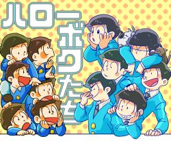 Rule 34 | 10s, 6+boys, aged down, arm rest, bad id, bad twitter id, black hair, blush stickers, brothers, cat, child, dual persona, formal, head rest, highres, male focus, matching outfits, matsuno choromatsu, matsuno ichimatsu, matsuno jyushimatsu, matsuno karamatsu, matsuno osomatsu, matsuno todomatsu, multiple boys, open mouth, osomatsu-kun, osomatsu-san, osomatsu (series), polka dot, polka dot background, retro artstyle, sextuplets, siblings, smile, suit, translation request, wing collar, yellow background