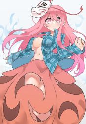 Rule 34 | 1girl, aqua shirt, breasts, bubble skirt, closed mouth, covered erect nipples, fox mask, hata no kokoro, highres, large breasts, long sleeves, looking at viewer, mask, mask on head, navel, open clothes, open shirt, orange skirt, pink eyes, pink hair, plaid, plaid shirt, rioreori, shirt, simple background, skirt, solo, standing, touhou, white background