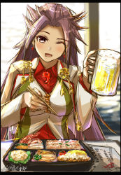 Rule 34 | 1girl, alcohol, beer, beer mug, blush, breasts, chopsticks, cup, earrings, food, highres, jewelry, jun&#039;you (kancolle), kantai collection, large breasts, long hair, looking at viewer, magatama, mug, one eye closed, purple eyes, purple hair, seitei (04seitei), smile, spiked hair