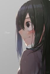 Rule 34 | 10s, 1girl, asui tsuyu, bad id, bad twitter id, black eyes, blurry, blush, boku no hero academia, character name, closed mouth, cursive, depth of field, green hair, grey background, hair between eyes, long hair, looking away, looking to the side, looking up, ryota (ry o ta), school uniform, sidelocks, signature, simple background, solo, straight hair, u.a. school uniform, upper body, water drop, wet, wet hair
