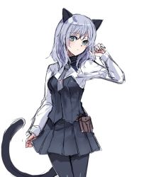 Rule 34 | 1girl, aged up, animal ears, bad id, bad twitter id, blush, breasts, cat ears, cat tail, green eyes, grey hair, medium breasts, necktie, pantyhose, sanya v. litvyak, sketch, skirt, solo, strike witches, tail, white background, world witches series