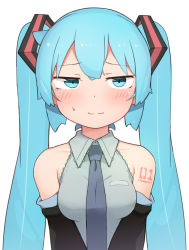 Rule 34 | 1girl, abmayo, aqua hair, arm tattoo, bare shoulders, blush, breasts, closed mouth, collarbone, collared shirt, commentary request, detached sleeves, grey shirt, hair ornament, hatsune miku, long hair, looking at viewer, medium breasts, necktie, number tattoo, shirt, shoulder tattoo, simple background, sleeveless, sleeveless shirt, smile, solo, sweatdrop, tattoo, twintails, upper body, very long hair, vocaloid, white background