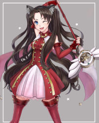 Rule 34 | 1girl, ;d, animal ears, asarihamaguri, bad id, bad pixiv id, brown hair, cat ears, cat tail, elbow gloves, fate/hollow ataraxia, fate (series), fingerless gloves, gloves, kaleido ruby, kaleidostick, long hair, magical girl, one eye closed, open mouth, smile, solo, tail, thighhighs, tohsaka rin, toosaka rin, two side up, wand, wink