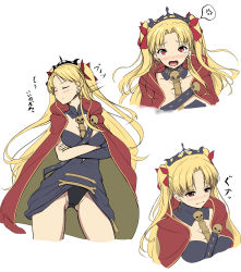 Rule 34 | 1girl, absurdres, asymmetrical sleeves, bad id, bad pixiv id, black dress, blonde hair, blush, bow, breasts, cape, closed eyes, closed mouth, crying, crying with eyes open, detached collar, dress, earrings, ereshkigal (fate), fate/grand order, fate (series), highres, jewelry, kanogi, long hair, long sleeves, looking at viewer, looking to the side, medium breasts, multiple views, nose blush, open mouth, parted bangs, red bow, red cape, red eyes, simple background, spine, standing, tearing up, tears, tiara, tohsaka rin, translation request, twintails, two side up, underwear, uneven sleeves, upper body, wavy mouth, white background