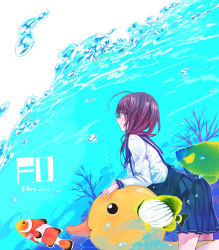 Rule 34 | 1girl, absurdres, ahoge, bubble, clownfish, fish, highres, long hair, long sleeves, miro (a87859660), original, oversized object, pleated skirt, profile, purple hair, rubber duck, school uniform, serafuku, signature, skirt, solo, surreal, underwater, wet, wet clothes