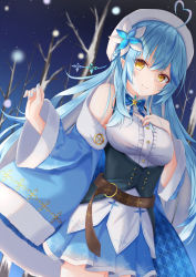 Rule 34 | 1girl, ahoge, bare shoulders, belt, beret, blouse, blue bow, blue bowtie, blue coat, blue hair, blue skirt, bow, bowtie, braid, breasts, brown belt, checkered floor, closed mouth, coat, cowboy shot, divergenceok, elf, flower, framed breasts, frilled shirt, frills, fur-trimmed coat, fur trim, hair between eyes, hair flower, hair ornament, half updo, hat, heart, heart ahoge, highres, hololive, leather belt, light blush, long hair, looking at viewer, medium breasts, miniskirt, multicolored hair, nail polish, night, night sky, off shoulder, pleated skirt, pointy ears, shirt, skirt, sky, sleeveless, sleeveless shirt, smile, snowing, solo, streaked hair, underbust, very long hair, virtual youtuber, white shirt, winter, yellow eyes, yukihana lamy