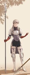 Rule 34 | 1girl, armor, boots, braid, breastplate, earrings, full body, gloves, grey eyes, grey hair, highres, jewelry, long hair, looking at viewer, polearm, ravness loxaerion, shadow, shoulder armor, single earring, solo, spear, tactics ogre, thigh boots, thighhighs, twin braids, weapon, windcaller