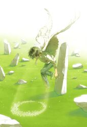 Rule 34 | 1boy, angel, angel wings, black hair, black pants, crescent, day, feathered wings, feathers, grass, halo, highres, long sleeves, original, outdoors, pants, rido (ridograph), rock, shirt, short hair, solo, white feathers, white shirt, white wings, wings