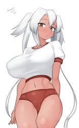 Rule 34 | 1girl, absurdres, alternate costume, brown eyes, buruma, closed mouth, commentary request, cowboy shot, dark-skinned female, dark skin, dated, grey hair, hair between eyes, highres, kantai collection, long hair, looking at viewer, maru (marg0613), midriff, musashi (kancolle), navel, no eyewear, one-hour drawing challenge, puffy short sleeves, puffy sleeves, red buruma, shirt, short sleeves, simple background, solo, twintails, twitter username, very long hair, white background, white shirt